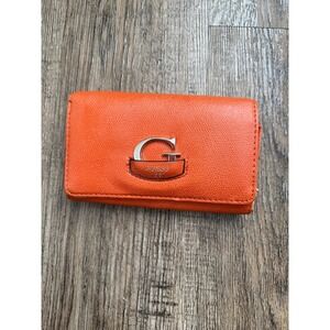 Guess Orange Textured Trifold Wallet Silver G Logo Zip Coin Pocket Mens Womens